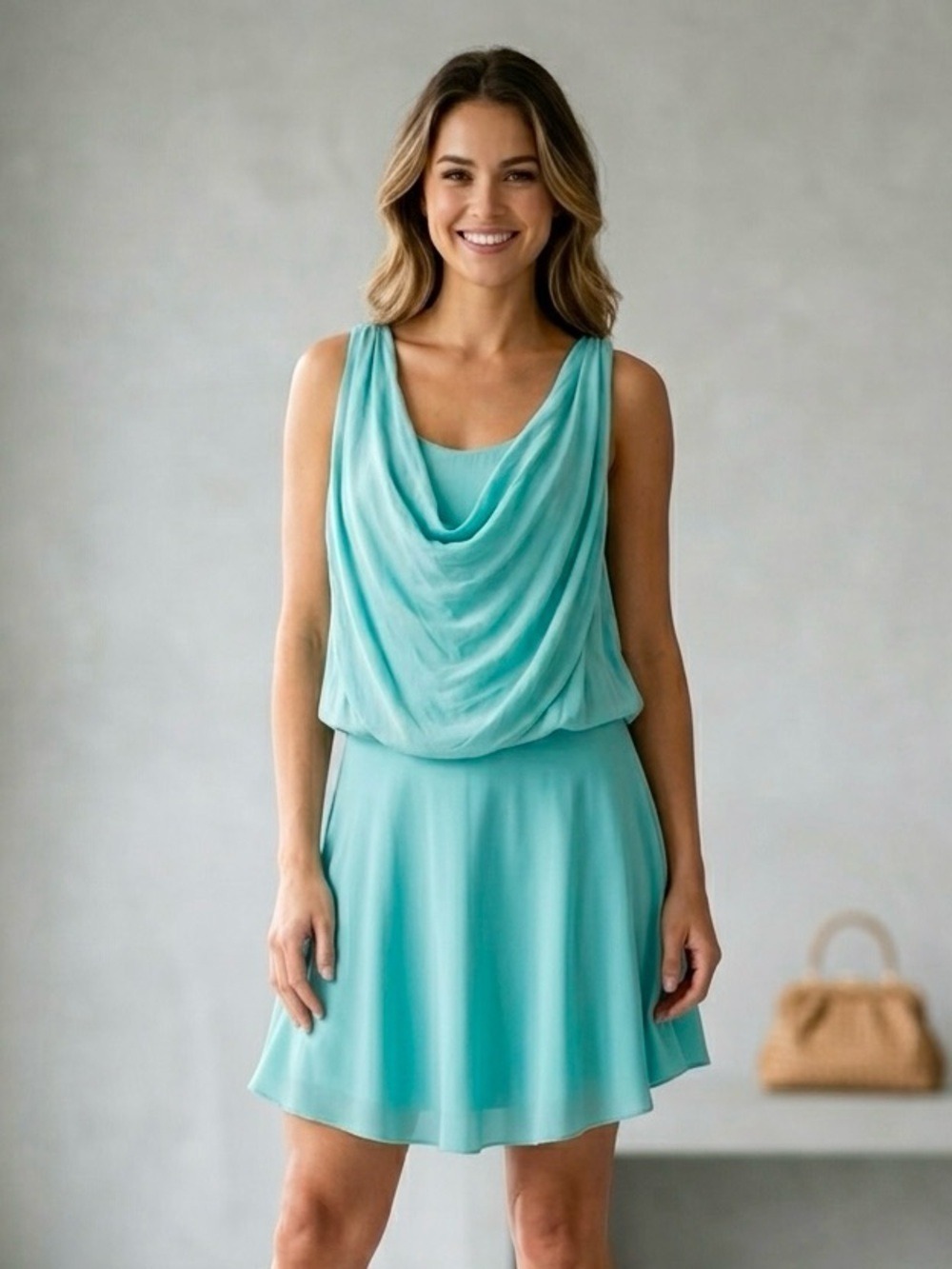 Alice + Olivia 100% Silk Cowl Neck Blouson Sleeveless Mini Dress Medium Blue